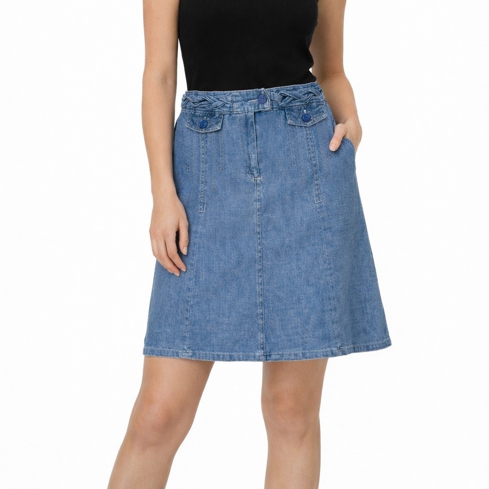 Vintage 90s Y2K A-Line Denim Skirt Blue Knee Length Braided Belt Size 12